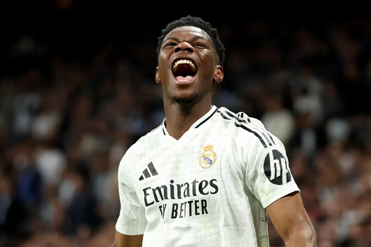MADRID, SPAIN - APRIL 01: Aurelien Tchouameni of Real Madrid celebrates after he scores his teams third goal during the Copa del Rey semifinal match between Real Madrid and Real Sociedad at Estadio Santiago Bernabeu on April 01, 2025 in Madrid, Spain. (Photo by Florencia Tan Jun/Getty Images)