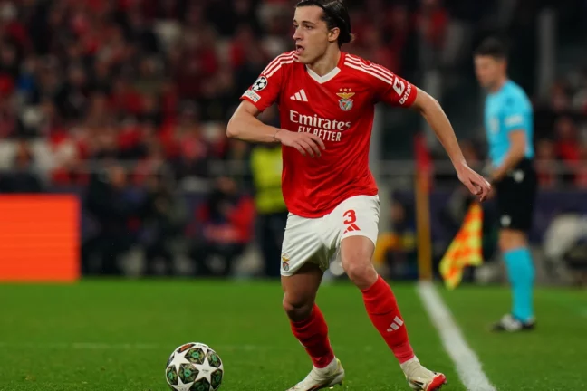 LISBON, PORTUGAL - MARCH 5: Alvaro Carreras of SL Benfica in action during the UEFA Champions League 2024/25 Round of 16 First Leg match between SL Benfica and FC Barcelona at Estadio da Luz on March 5, 2025 in Lisbon, Portugal. (Photo by Gualter Fatia/Getty Images)