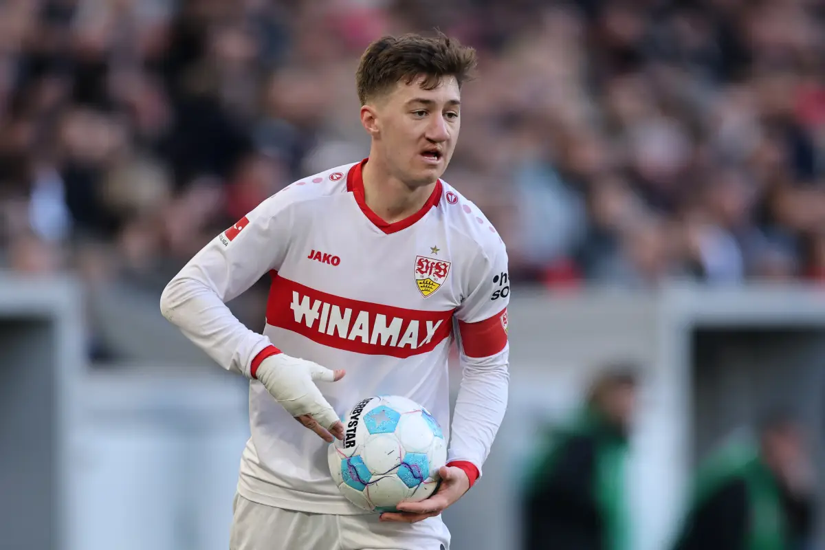 STUTTGART, GERMANY - FEBRUARY 01: Angelo Stiller of VfB Stuttgart reacts during the Bundesliga match between VfB Stuttgart and Borussia Mönchengladbach at MHPArena on February 01, 2025 in Stuttgart, Germany. (Photo by Alex Grimm/Getty Images)