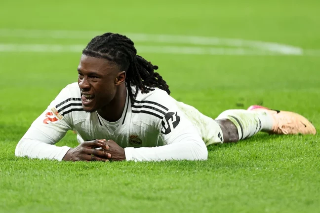 MADRID, SPAIN - APRIL 20: Eduardo Camavinga of Real Madrid CF reacts during the LaLiga match between Real Madrid CF and Athletic Club at Estadio Santiago Bernabeu on April 20, 2025 in Madrid, Spain. (Photo by Florencia Tan Jun/Getty Images
