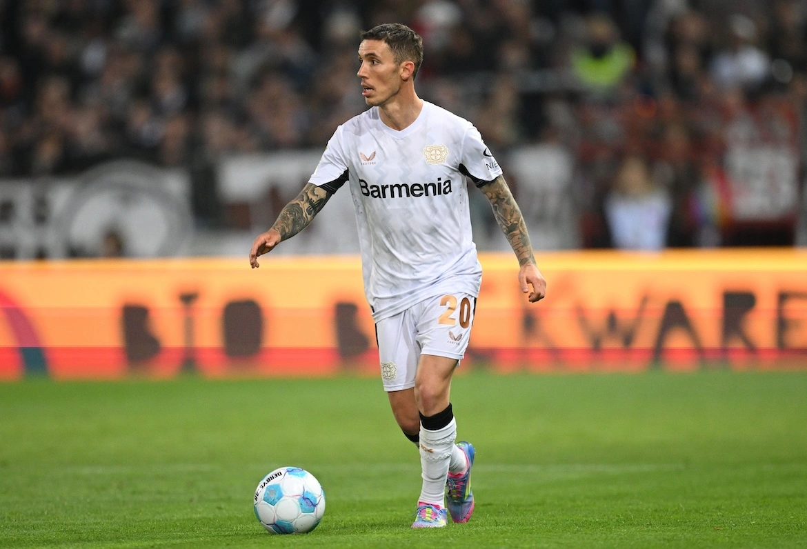HAMBURG, GERMANY - APRIL 20: Alejandro Grimaldo of Leverkusen in action during the Bundesliga match between FC St. Pauli 1910 and Bayer 04 Leverkusen at Millerntor Stadium on April 20, 2025 in Hamburg, Germany. (Photo by Stuart Franklin/Getty Images)