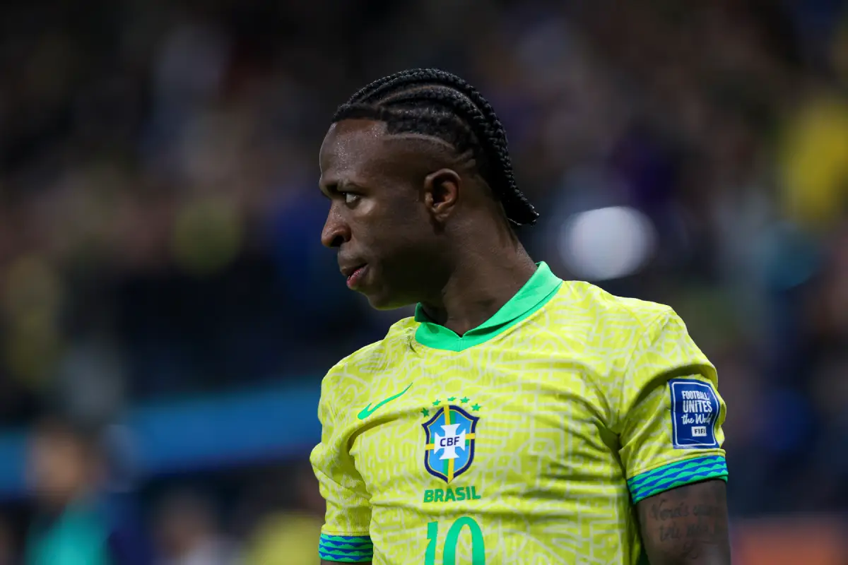 SAO PAULO, BRAZIL - JUNE 10: Vinicius Junior (Real Madrid) of Brazil looks on during the FIFA World Cup 2026 Qualifier match between Brazil and Paraguay at Neo Quimica Arena on June 10, 2025 in Sao Paulo, Brazil. (Photo by Ricardo Moreira/Getty Images)