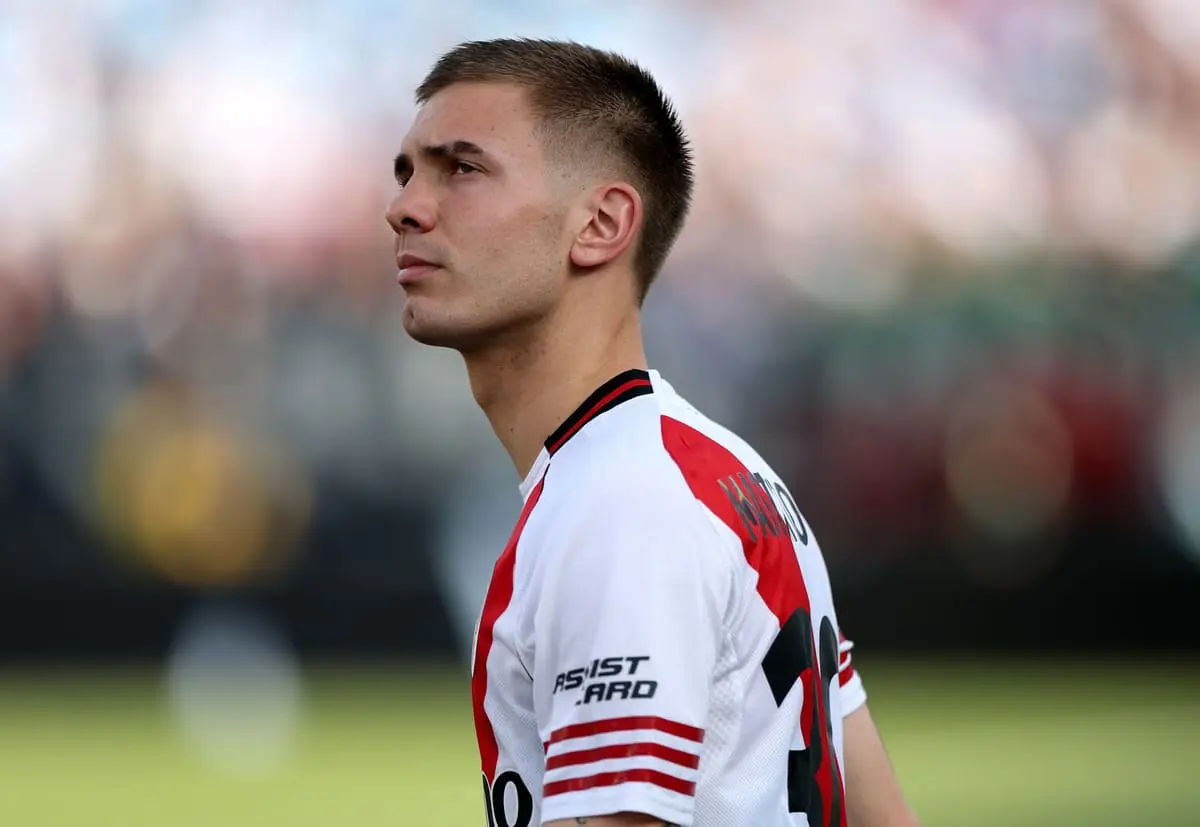 PASADENA, CALIFORNIA - JUNE 21: Franco Mastantuono #30 of CA River Plate before the match during the FIFA Club World Cup 2025 group E match between CA River Plate and CF Monterrey at Rose Bowl Stadium on June 21, 2025 in Pasadena, California. (Photo by Harry How/Getty Images).