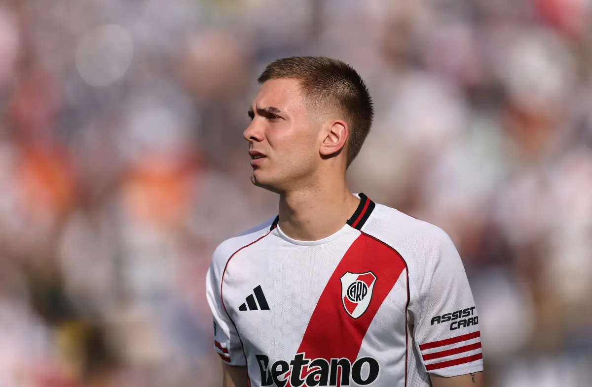 PASADENA, CALIFORNIA - JUNE 21: Franco Mastantuono #30 of CA River Plate reacts during the FIFA Club World Cup 2025 group E match between CA River Plate and CF Monterrey at Rose Bowl Stadium on June 21, 2025 in Pasadena, California. (Photo by Stu Forster/Getty Images)