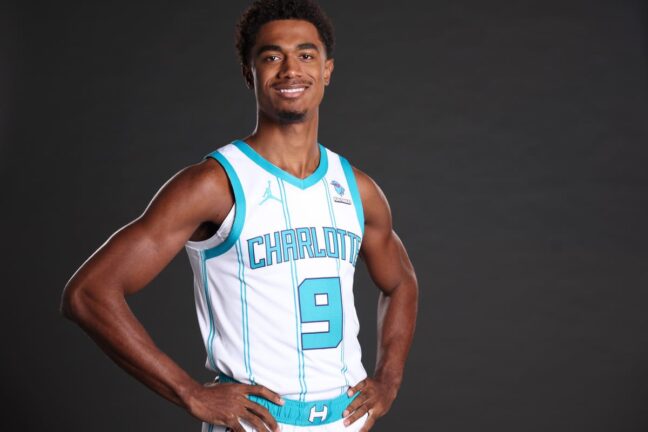 CHARLOTTE, NORTH CAROLINA - OCTOBER 02: Théo Maledon #9 of the Charlotte Hornets poses for a portrait during Charlotte Hornets Media Day at Spectrum Center on October 02, 2023 in Charlotte, North Carolina. NOTE TO USER: User expressly acknowledges and agrees that, by downloading and or using this photograph, User is consenting to the terms and conditions of the Getty Images License Agreement. (Photo by Jared C. Tilton/Getty Images)