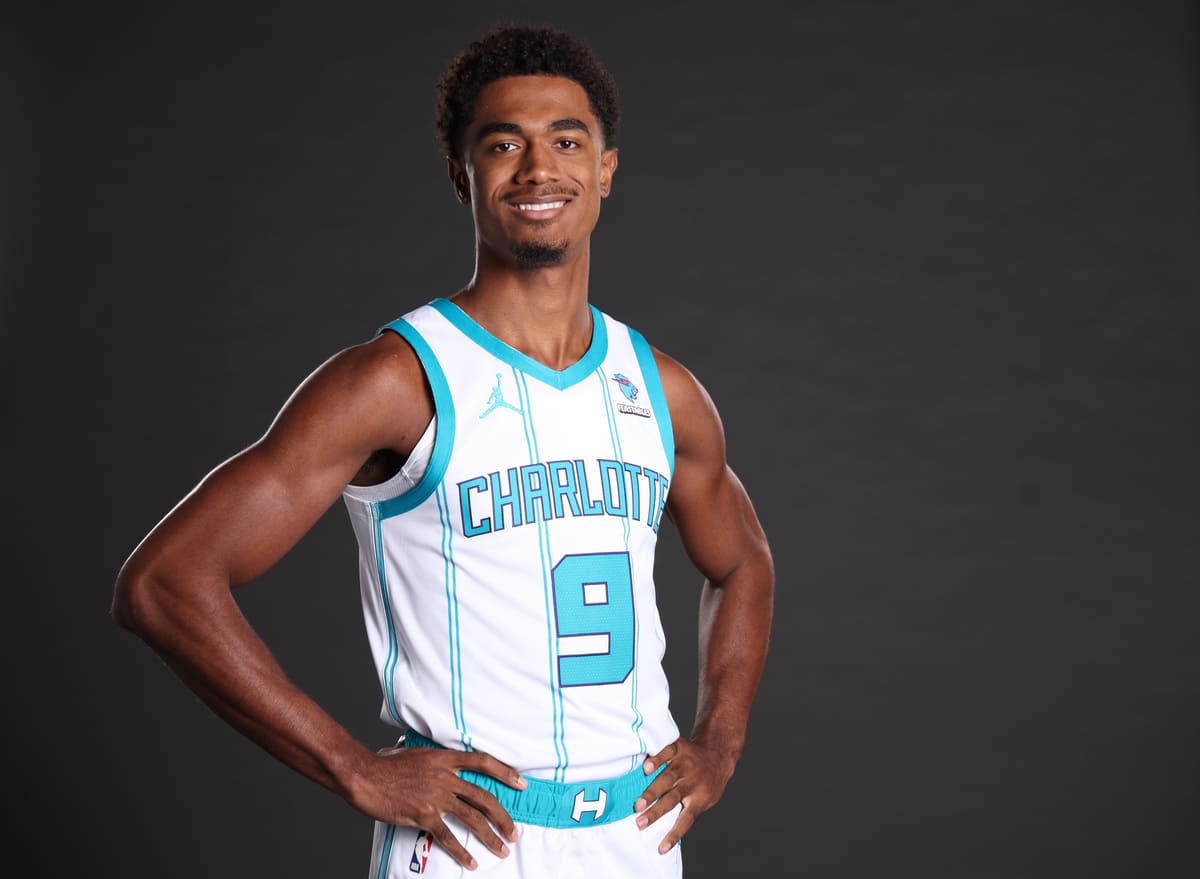 CHARLOTTE, NORTH CAROLINA - OCTOBER 02: Théo Maledon #9 of the Charlotte Hornets poses for a portrait during Charlotte Hornets Media Day at Spectrum Center on October 02, 2023 in Charlotte, North Carolina. NOTE TO USER: User expressly acknowledges and agrees that, by downloading and or using this photograph, User is consenting to the terms and conditions of the Getty Images License Agreement. (Photo by Jared C. Tilton/Getty Images)