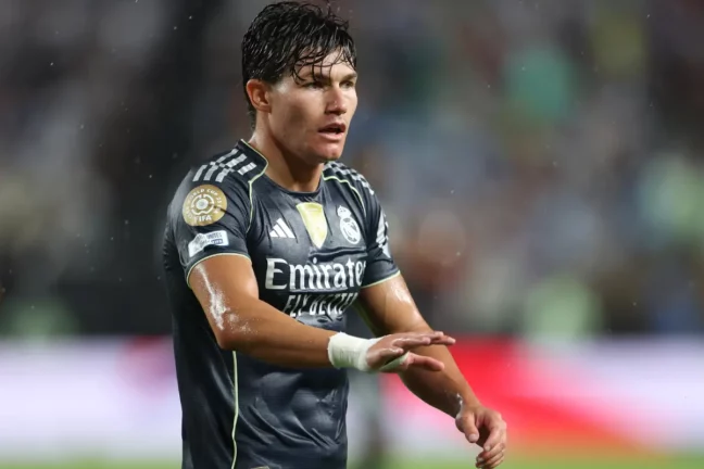PHILADELPHIA, PENNSYLVANIA - JUNE 26: Fran Garcia #20 of Real Madrid C. F. gestures during the FIFA Club World Cup 2025 group H match between FC Red Bull Salzburg and Real Madrid CF at Lincoln Financial Field on June 26, 2025 in Philadelphia, Pennsylvania. (Photo by Francois Nel/Getty Images)