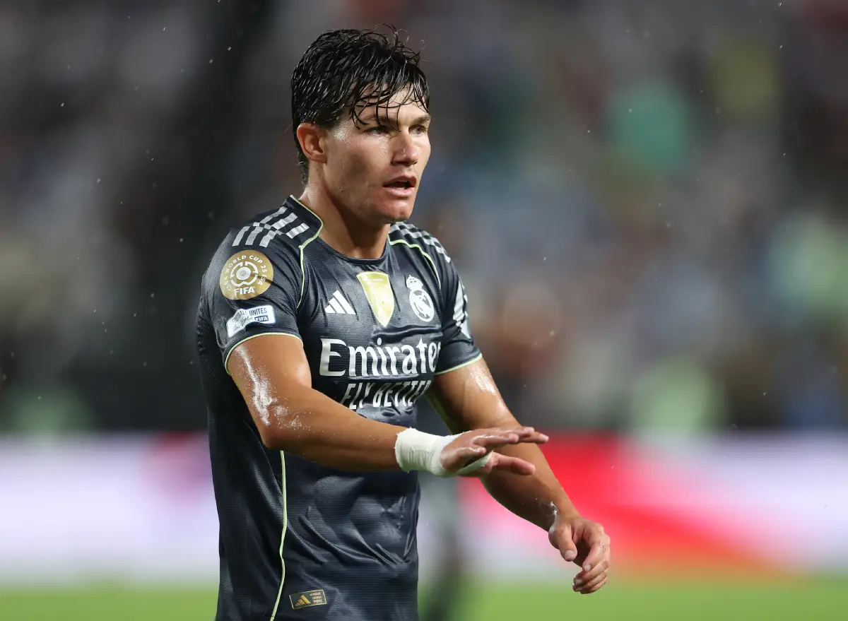 PHILADELPHIA, PENNSYLVANIA - JUNE 26: Fran Garcia #20 of Real Madrid C. F. gestures during the FIFA Club World Cup 2025 group H match between FC Red Bull Salzburg and Real Madrid CF at Lincoln Financial Field on June 26, 2025 in Philadelphia, Pennsylvania. (Photo by Francois Nel/Getty Images)