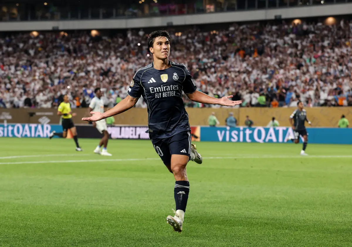 PHILADELPHIA, PENNSYLVANIA - JUNE 26: Gonzalo Garcia #30 of Real Madrid C.F. celebrates scoring his team's third goal during the FIFA Club World Cup 2025 group H match between FC Red Bull Salzburg and Real Madrid CF at Lincoln Financial Field on June 26, 2025 in Philadelphia, Pennsylvania. (Photo by Francois Nel/Getty Images)