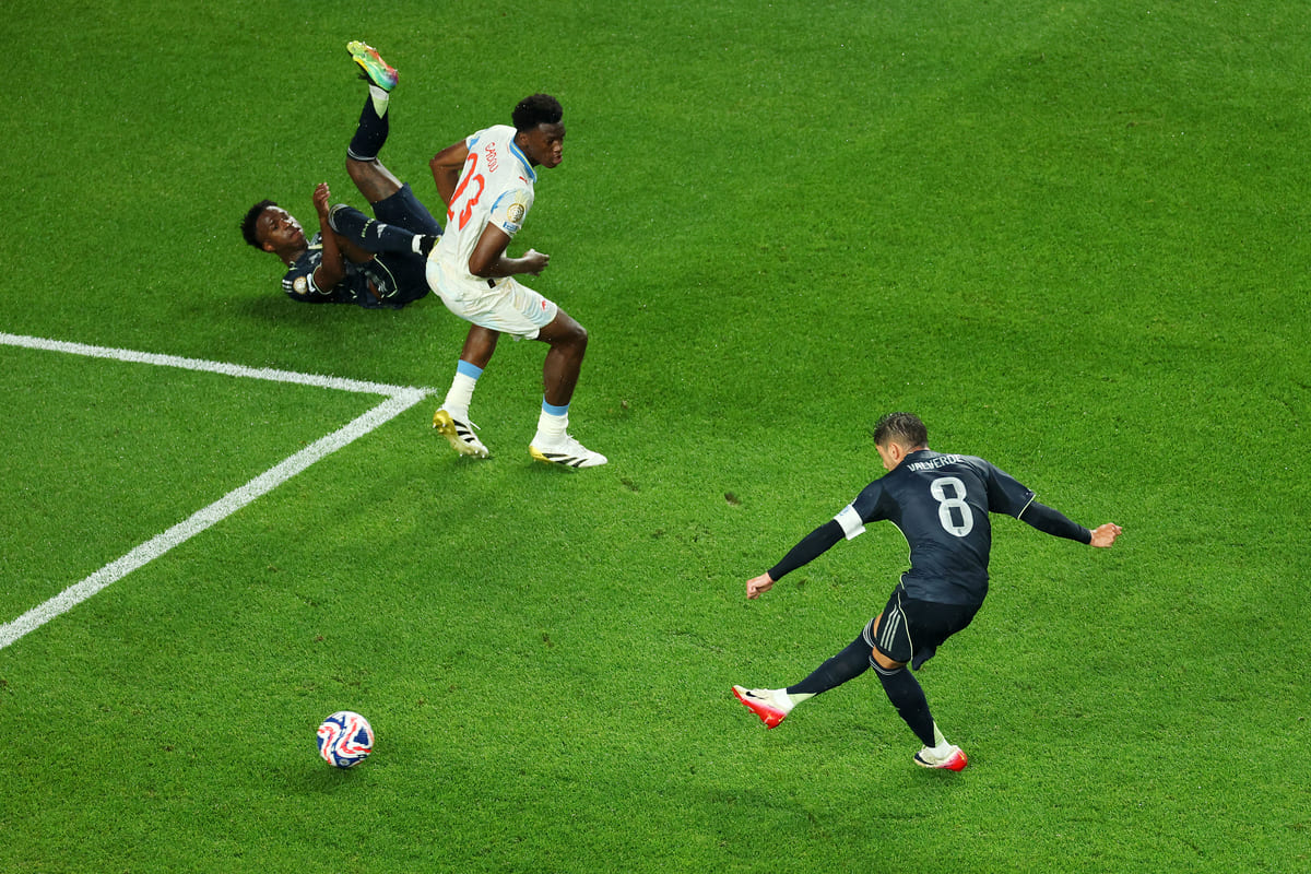 PHILADELPHIA, PENNSYLVANIA - JUNE 26: Federico Valverde #8 of Real Madrid C.F. scores his team's second goal during the FIFA Club World Cup 2025 group H match between FC Red Bull Salzburg and Real Madrid CF at Lincoln Financial Field on June 26, 2025 in Philadelphia, Pennsylvania. (Photo by Luke Hales/Getty Images)