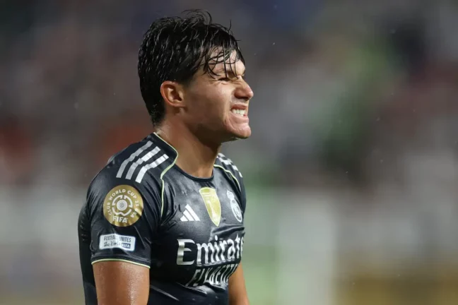 PHILADELPHIA, PENNSYLVANIA - JUNE 26: Fran Garcia #20 of Real Madrid C. F. reacts during the FIFA Club World Cup 2025 group H match between FC Red Bull Salzburg and Real Madrid CF at Lincoln Financial Field on June 26, 2025 in Philadelphia, Pennsylvania. (Photo by Francois Nel/Getty Images).