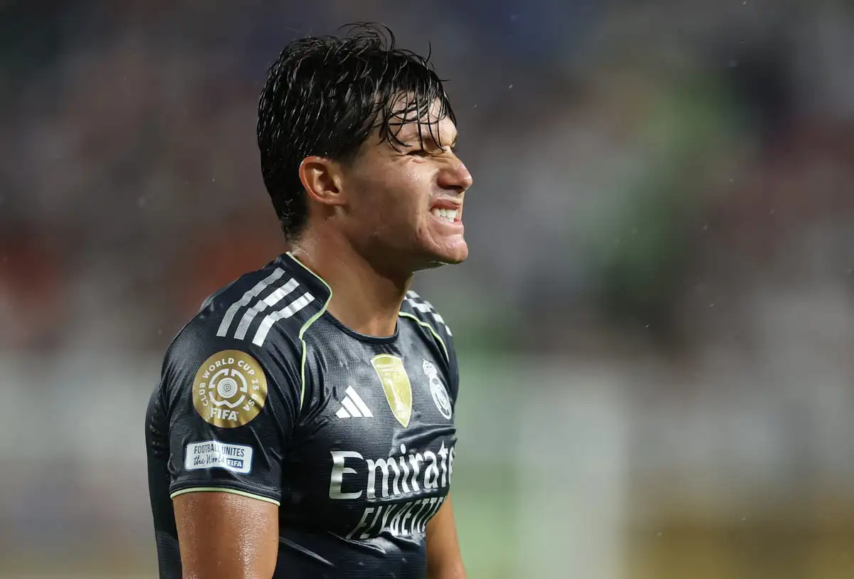 PHILADELPHIA, PENNSYLVANIA - JUNE 26: Fran Garcia #20 of Real Madrid C. F. reacts during the FIFA Club World Cup 2025 group H match between FC Red Bull Salzburg and Real Madrid CF at Lincoln Financial Field on June 26, 2025 in Philadelphia, Pennsylvania. (Photo by Francois Nel/Getty Images).