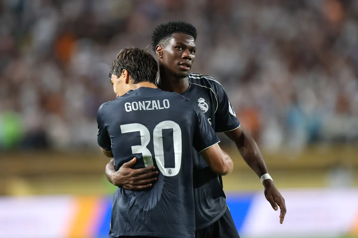 PHILADELPHIA, PENNSYLVANIA - JUNE 26: Gonzalo Garcia #30 of Real Madrid C.F. celebrates scoring his team's third goal with Aurelien Tchouameni #14 of Real Madrid C.F. during the FIFA Club World Cup 2025 group H match between FC Red Bull Salzburg and Real Madrid CF at Lincoln Financial Field on June 26, 2025 in Philadelphia, Pennsylvania. (Photo by Francois Nel/Getty Images)