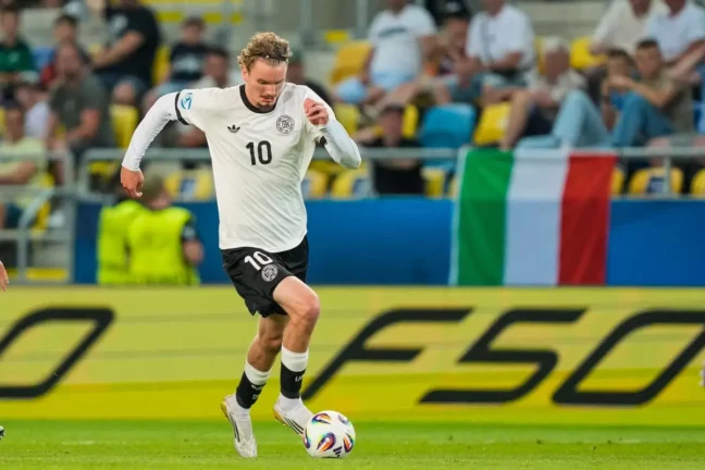 Nick Woltemade, attaquant pisté par le Real Madrid et titulaire à l'Euro U-21 avec l'Allemagne (Photo by Christian Hofer/Getty Images)