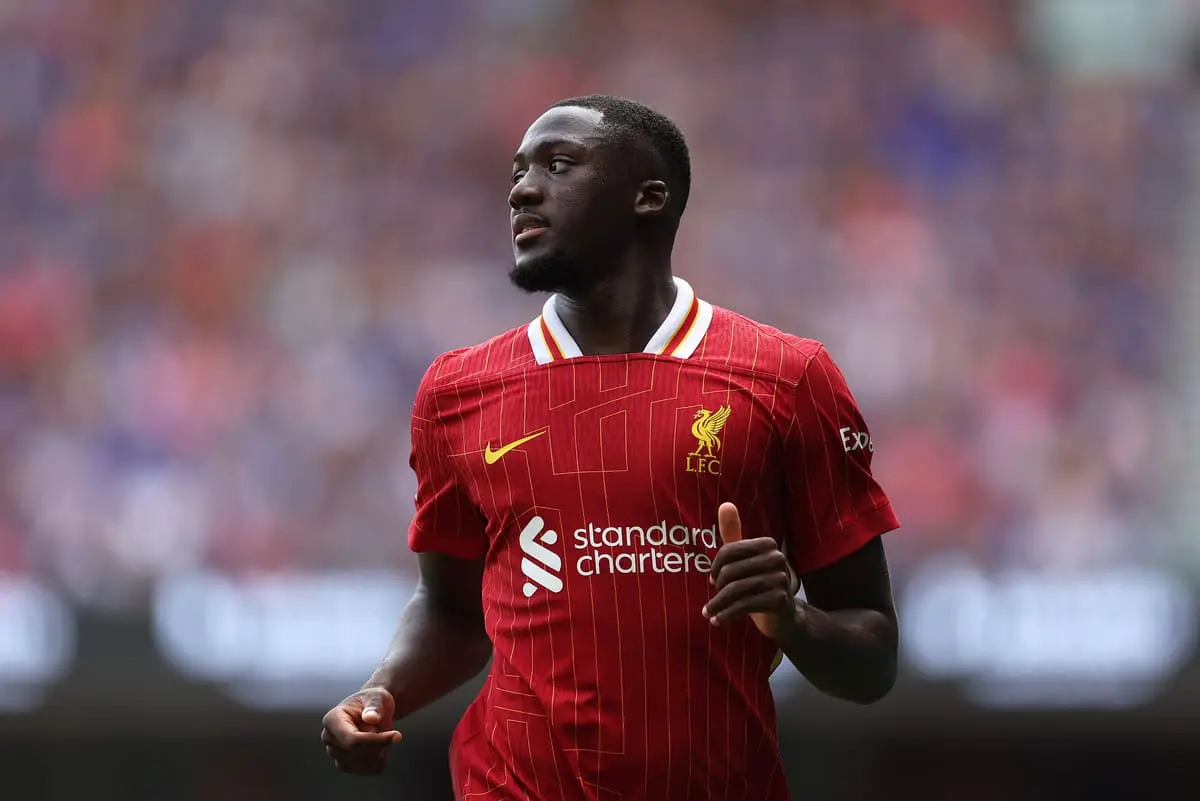 IPSWICH, ENGLAND - AUGUST 17: Ibrahima Konate of Liverpool looks on during the Premier League match between Ipswich Town FC and Liverpool FC at Portman Road on August 17, 2024 in Ipswich, England. (Photo by Julian Finney/Getty Images)