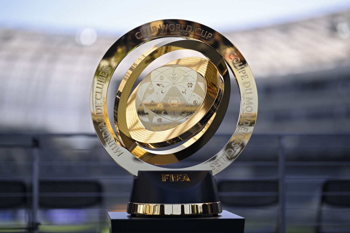 LOS ANGELES, CALIFORNIA - JUNE 08: A detailed view of the FIFA Club World Cup (which Real Madrid will play it) trophy on display at BMO Stadium before the game between the Los Angeles FC and the Sporting Kansas City on June 08, 2025 in Los Angeles, California. (Photo by Orlando Ramirez/Getty Images)