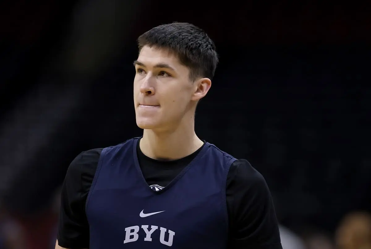 NEWARK, NEW JERSEY - MARCH 26: Egor Demin #3 of the Brigham Young Cougars looks on during a practice session ahead of the Sweet 16 in the East Regional of the NCAA men's basketball tournament at Prudential Center on March 26, 2025 in Newark, New Jersey. (Photo by Elsa/Getty Images).