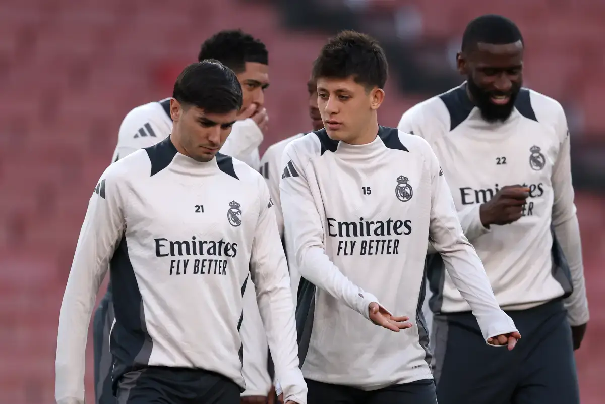 LONDON, ENGLAND - APRIL 07: Arda Gueler and Brahim Diaz of Real Madrid talk during a training session ahead of their UEFA Champions League 2024/25 quarter final first leg match at Emirates Stadium on April 07, 2025 in London, England. (Photo by Alex Davidson/Getty Images)
