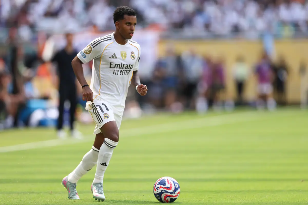 MIAMI GARDENS, FLORIDA - JUNE 18: Rodrygo #11 of Real Madrid C.F. controls the ball during the FIFA Club World Cup 2025 group H match between Real Madrid CF and Al Hilal at Hard Rock Stadium on June 18, 2025 in Miami Gardens, Florida. (Photo by Megan Briggs/Getty Images)