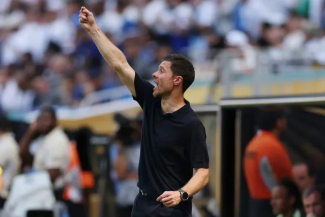 MIAMI GARDENS, FLORIDA - JUNE 18: Xabi Alonso, Head Coach of Real Madrid C.F., reacts during the FIFA Club World Cup 2025 group H match between Real Madrid CF and Al Hilal at Hard Rock Stadium on June 18, 2025 in Miami Gardens, Florida. (Photo by Dan Mullan/Getty Images)