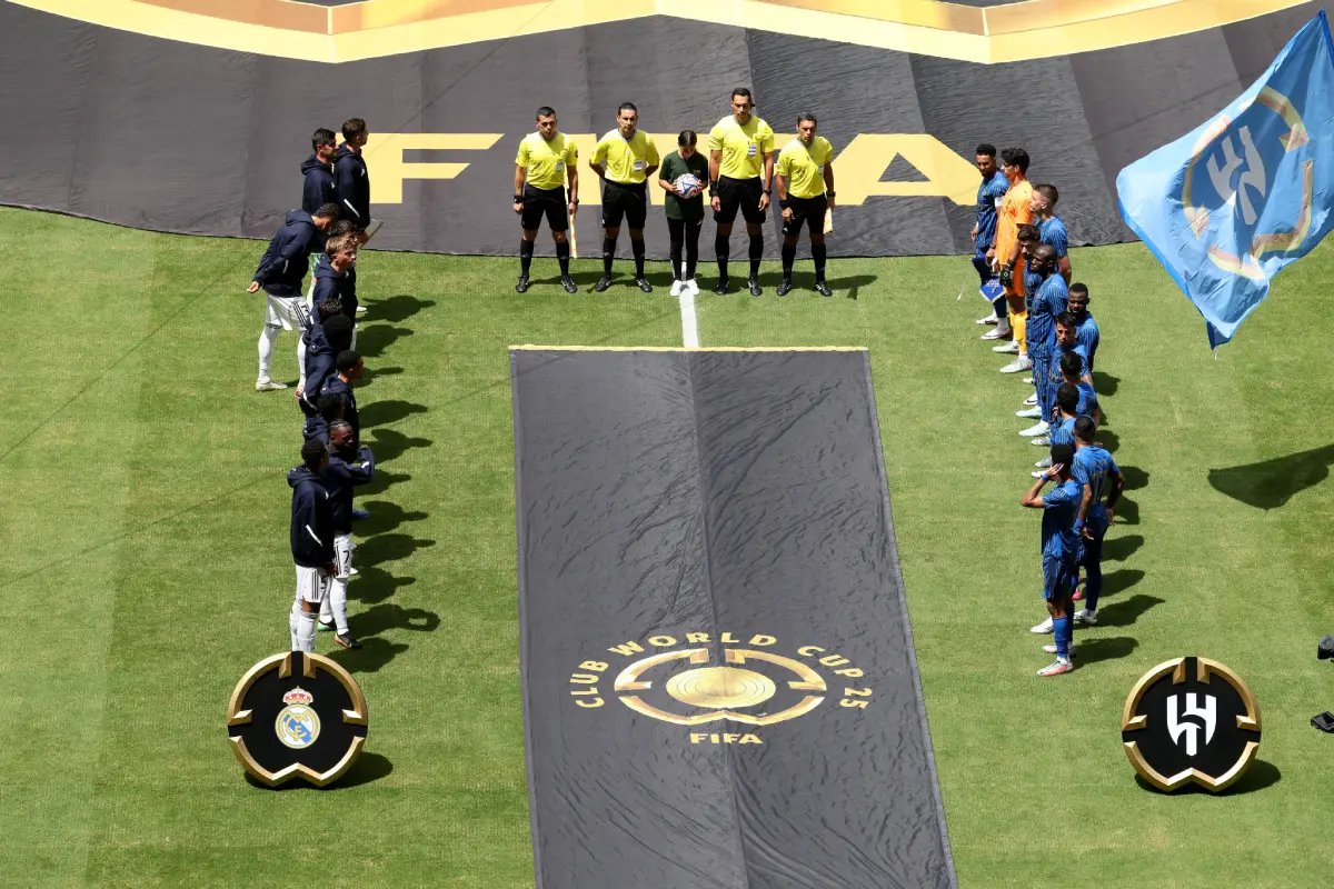 MIAMI GARDENS, FLORIDA - JUNE 18: Players of Real Madrid C. F. and Al Hilal face off prior to the FIFA Club World Cup 2025 group H match between Real Madrid CF and Al Hilal at Hard Rock Stadium on June 18, 2025 in Miami Gardens, Florida. (Photo by Sandra Montanez/Getty Images)