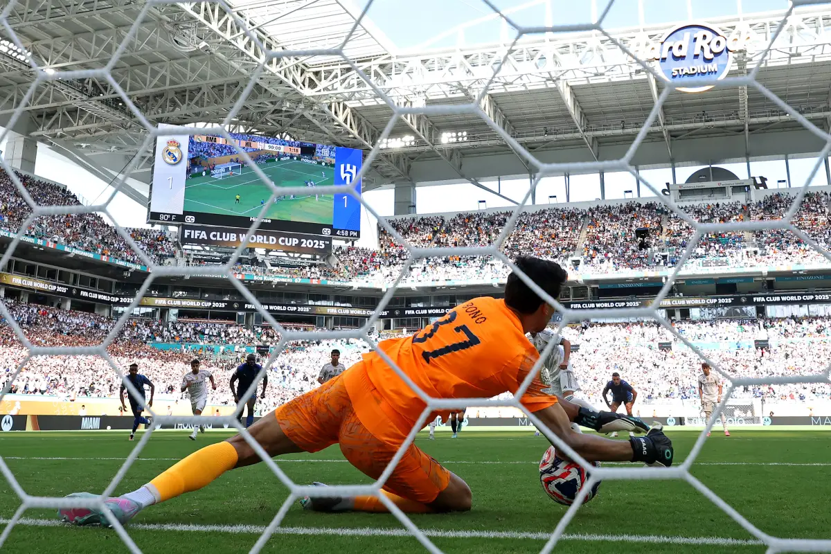 MIAMI GARDENS, FLORIDA - JUNE 18: Yassine Bounou #37 of Al Hilal makes a save on a penalty kick by Federico Valverde #8 of Real Madrid C. F. during the FIFA Club World Cup 2025 group H match between Real Madrid CF and Al Hilal at Hard Rock Stadium on June 18, 2025 in Miami Gardens, Florida. (Photo by Dan Mullan/Getty Images)