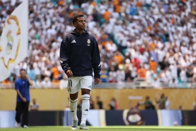 MIAMI GARDENS, FLORIDA - JUNE 18: Rodrygo #11 of Real Madrid C.F. enters the pitch prior to the FIFA Club World Cup 2025 group H match between Real Madrid CF and Al Hilal at Hard Rock Stadium on June 18, 2025 in Miami Gardens, Florida. (Photo by Megan Briggs/Getty Images)
