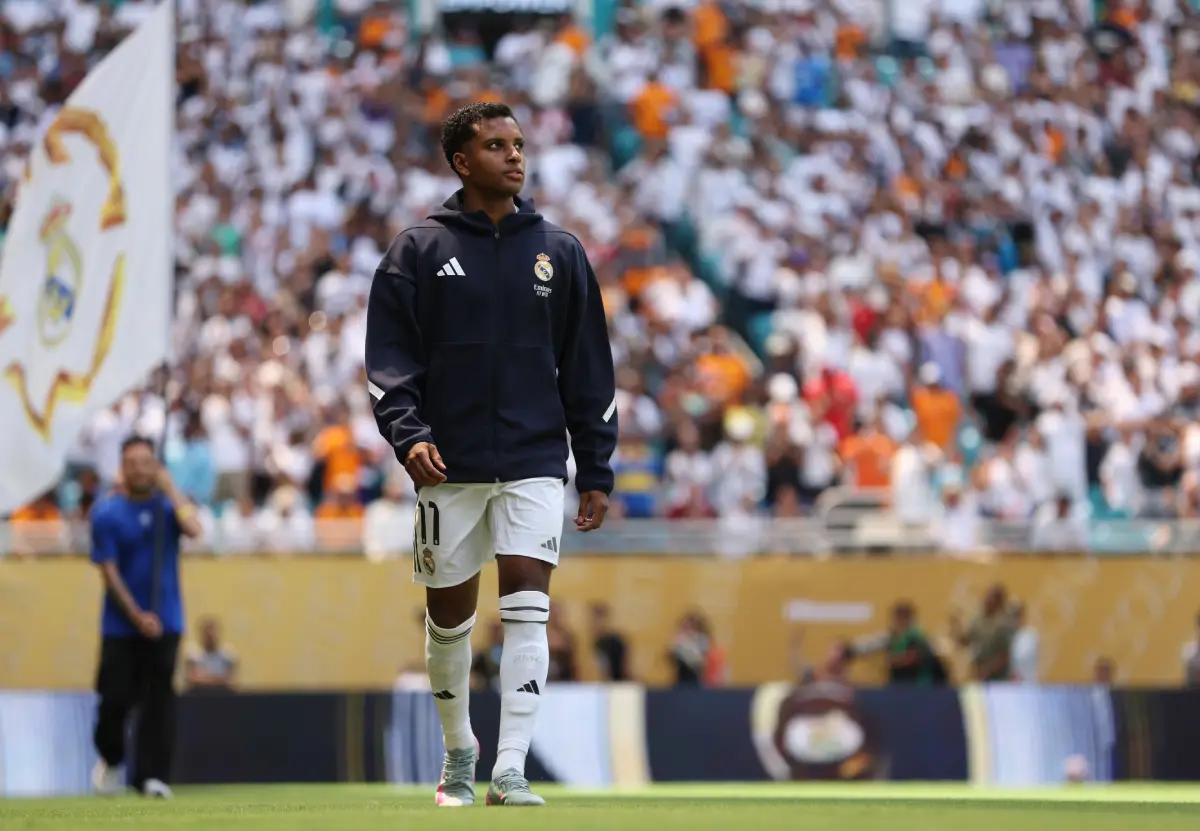 MIAMI GARDENS, FLORIDA - JUNE 18: Rodrygo #11 of Real Madrid C.F. enters the pitch prior to the FIFA Club World Cup 2025 group H match between Real Madrid CF and Al Hilal at Hard Rock Stadium on June 18, 2025 in Miami Gardens, Florida. (Photo by Megan Briggs/Getty Images)