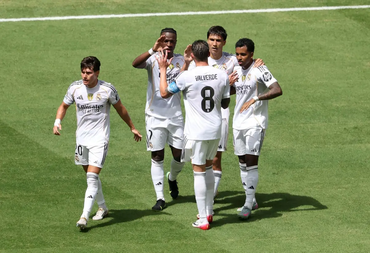 MIAMI GARDENS, FLORIDA - JUNE 18: Gonzalo Garcia #30 of Real Madrid C. F. celebrates with teammates after scoring his team's first goal during the FIFA Club World Cup 2025 group H match between Real Madrid CF and Al Hilal at Hard Rock Stadium on June 18, 2025 in Miami Gardens, Florida. (Photo by Sandra Montanez/Getty Images)