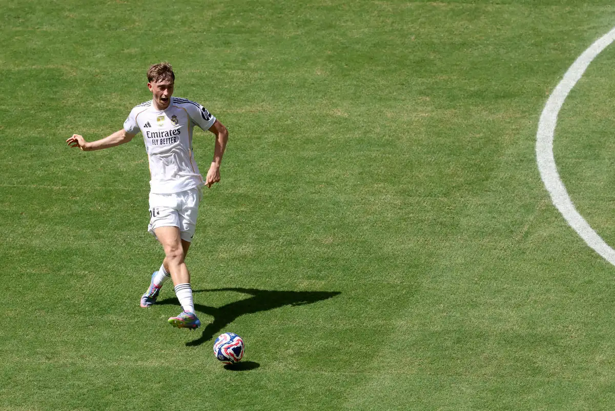 MIAMI GARDENS, FLORIDA - JUNE 18: Dean Huijsen #24 of Real Madrid C. F. controls the ball during the FIFA Club World Cup 2025 group H match between Real Madrid CF and Al Hilal at Hard Rock Stadium on June 18, 2025 in Miami Gardens, Florida. (Photo by Sandra Montanez/Getty Images)