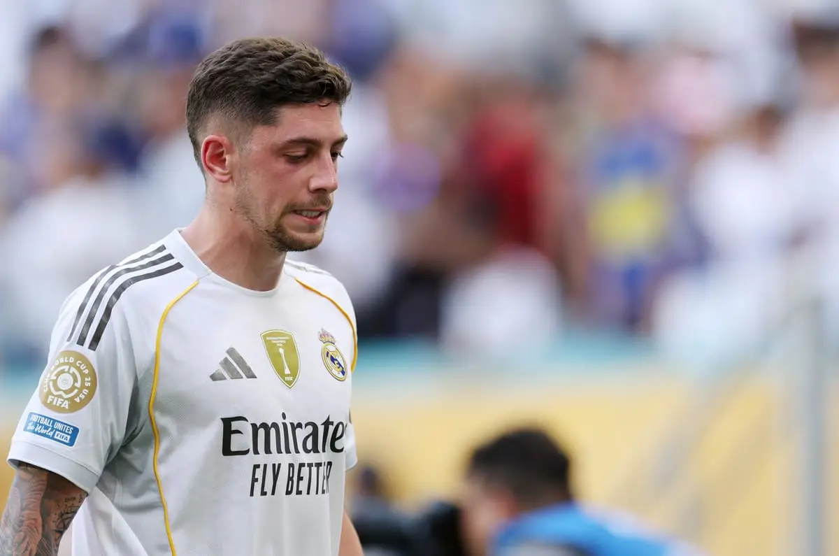 MIAMI GARDENS, FLORIDA - JUNE 18: Federico Valverde #8 of Real Madrid C. F. reacts while leaving the pitch following the FIFA Club World Cup 2025 group H match between Real Madrid CF and Al Hilal at Hard Rock Stadium on June 18, 2025 in Miami Gardens, Florida. (Photo by Dan Mullan/Getty Images)
