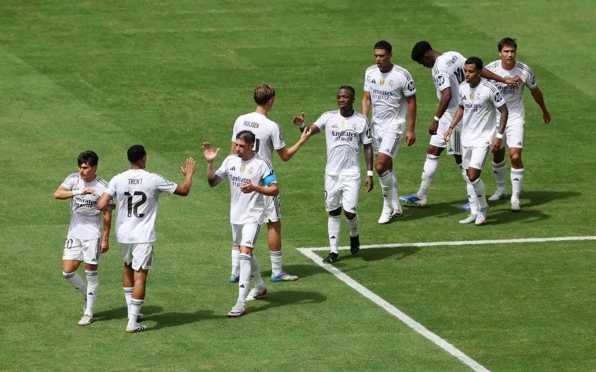 MIAMI GARDENS, FLORIDA - JUNE 18: Gonzalo Garcia #30 of Real Madrid C. F. celebrates with teammates after scoring his team's first goal during the FIFA Club World Cup 2025 group H match between Real Madrid CF and Al Hilal at Hard Rock Stadium on June 18, 2025 in Miami Gardens, Florida. (Photo by Sandra Montanez/Getty Images)