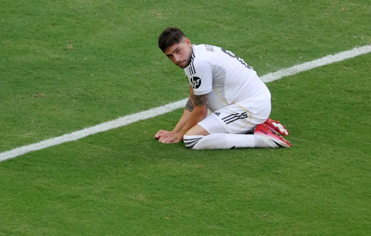 MIAMI GARDENS, FLORIDA - JUNE 18: Federico Valverde #8 of Real Madrid C. F. reacts after missing a penalty kick during the FIFA Club World Cup 2025 group H match between Real Madrid CF and Al Hilal at Hard Rock Stadium on June 18, 2025 in Miami Gardens, Florida. (Photo by Sandra Montanez/Getty Images).