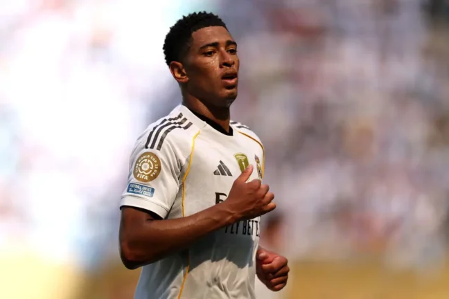 MIAMI GARDENS, FLORIDA - JUNE 18: Jude Bellingham #5 of Real Madrid C. F. reacts during the FIFA Club World Cup 2025 group H match between Real Madrid CF and Al Hilal at Hard Rock Stadium on June 18, 2025 in Miami Gardens, Florida. (Photo by Dan Mullan/Getty Images).