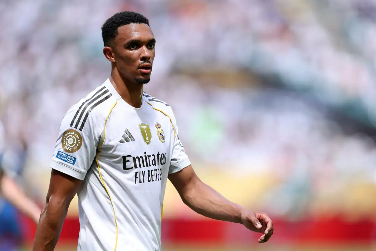 MIAMI GARDENS, FLORIDA - JUNE 18: Trent Alexander-Arnold #12 of Real Madrid C.F. during the FIFA Club World Cup 2025 group H match between Real Madrid CF and Al Hilal at Hard Rock Stadium on June 18, 2025 in Miami Gardens, Florida. (Photo by Dan Mullan/Getty Images).