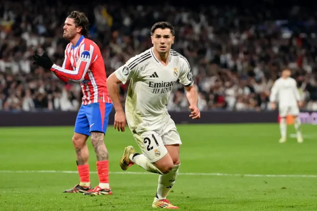 MADRID, SPAIN - MARCH 04: Brahim Diaz of Real Madrid celebrates scoring his team's second goalduring the UEFA Champions League 2024/25 UEFA Champions League 2024/25 Round of 16 first leg match between Real Madrid C.F. and Atletico de Madrid at on March 04, 2025 in Madrid, Spain. (Photo by Denis Doyle/Getty Images)