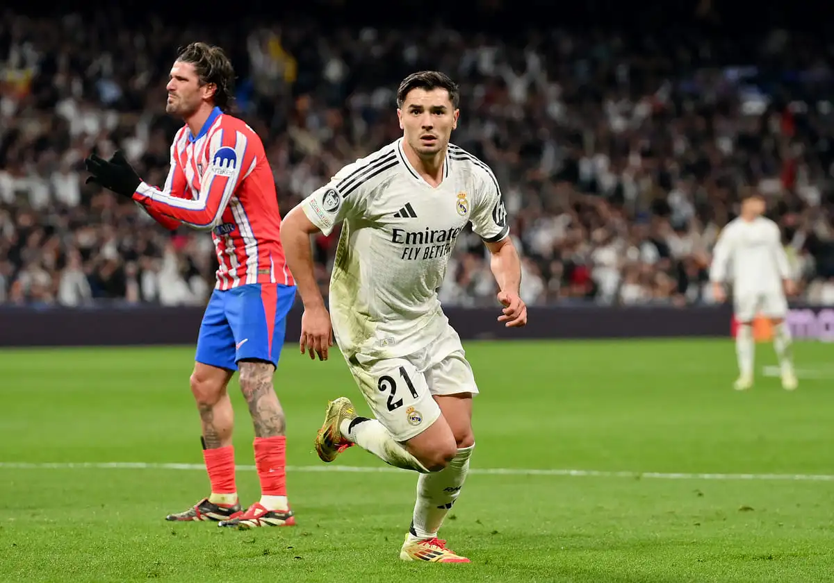 MADRID, SPAIN - MARCH 04: Brahim Diaz of Real Madrid celebrates scoring his team's second goalduring the UEFA Champions League 2024/25 UEFA Champions League 2024/25 Round of 16 first leg match between Real Madrid C.F. and Atletico de Madrid at on March 04, 2025 in Madrid, Spain. (Photo by Denis Doyle/Getty Images)