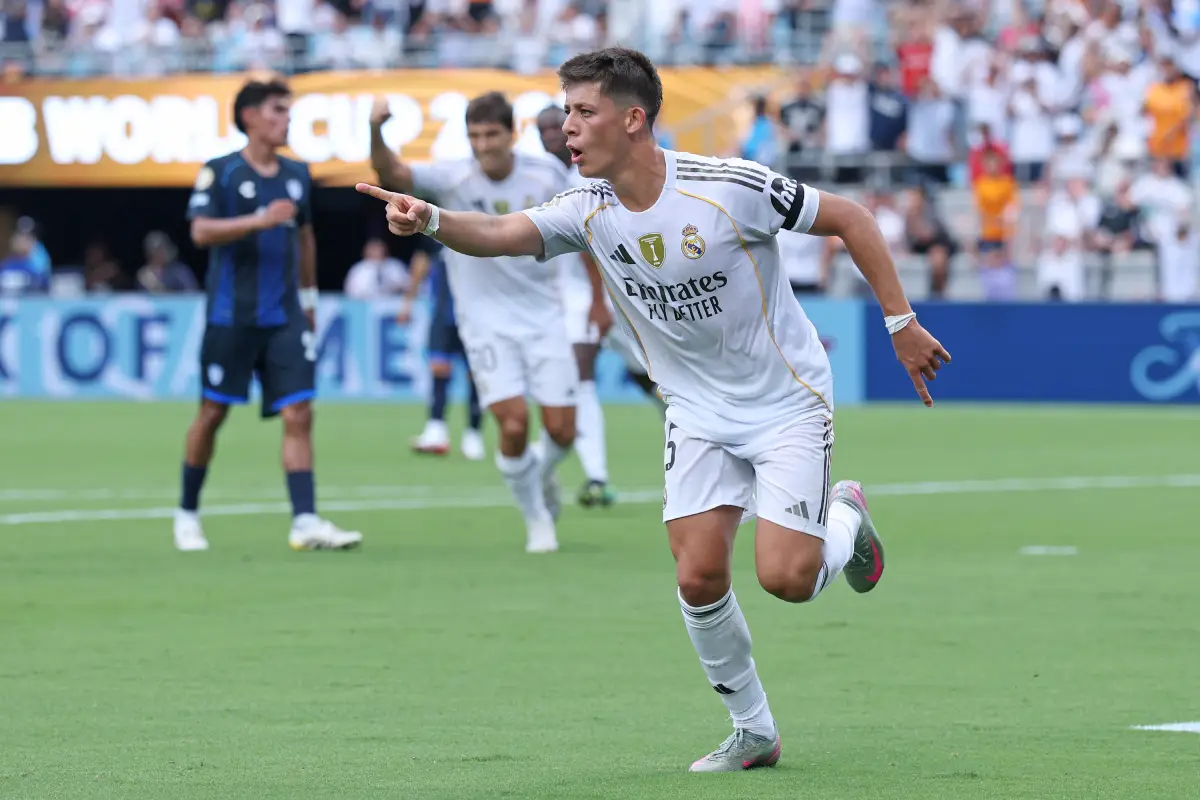 CHARLOTTE, NORTH CAROLINA - JUNE 22: Arda Guler #15 of Real Madrid C. F. celebrates scoring his team's second goal during the FIFA Club World Cup 2025 group H match between Real Madrid CF and CF Pachuca at Bank of America Stadium on June 22, 2025 in Charlotte, North Carolina. (Photo by Richard Pelham/Getty Images)