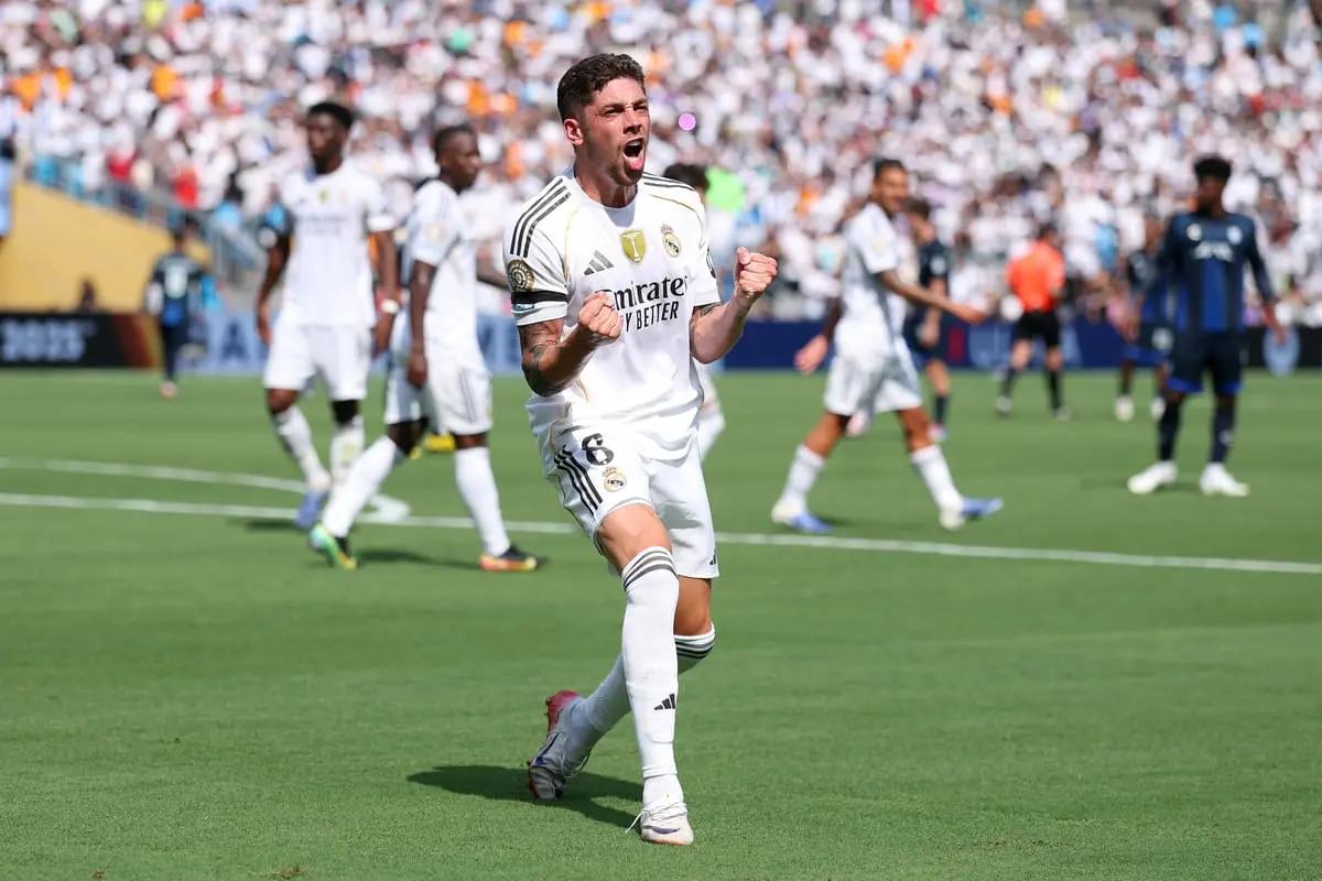 CHARLOTTE, NORTH CAROLINA - JUNE 22: Federico Valverde #8 of Real Madrid C.F. celebrates scoring his team's third goal during the FIFA Club World Cup 2025 group H match between Real Madrid CF and CF Pachuca at Bank of America Stadium on June 22, 2025 in Charlotte, North Carolina. (Photo by Michael Owens/Getty Images).