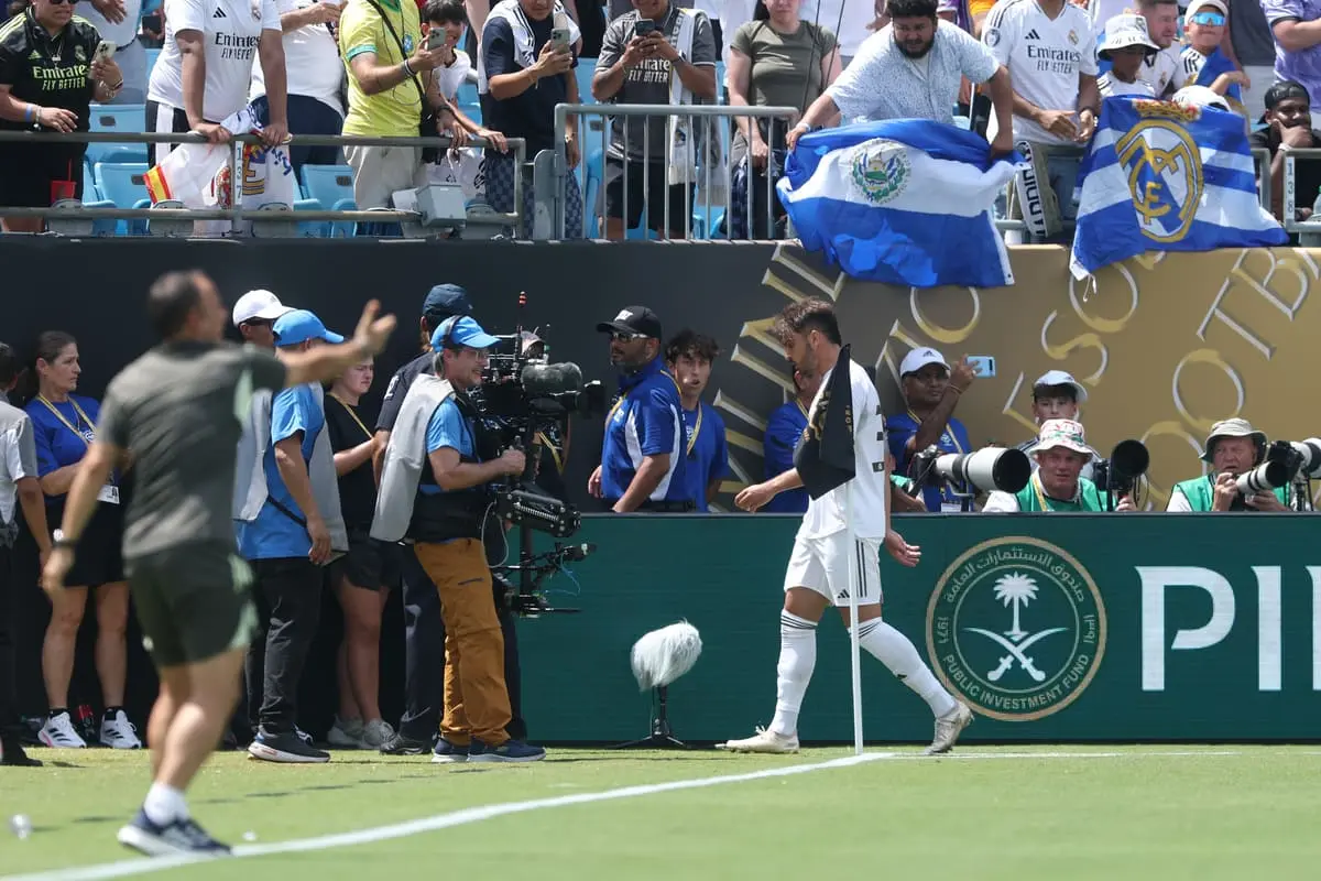 CHARLOTTE, NORTH CAROLINA - JUNE 22: Raul Asencio #35 of Real Madrid C. F. leaves the pitch after being shown a red card during the FIFA Club World Cup 2025 group H match between Real Madrid CF and CF Pachuca at Bank of America Stadium on June 22, 2025 in Charlotte, North Carolina. (Photo by Richard Pelham/Getty Images)