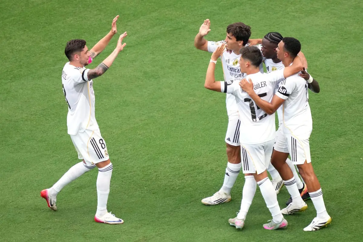 CHARLOTTE, NORTH CAROLINA - JUNE 22: Arda Gueler #15 of Real Madrid C. F. celebrates scoring his team's second goal with Trent Alexander-Arnold #12, Vinicius Junior #7, Gonzalo Garcia #30, and Federico Valverde #8 during the FIFA Club World Cup 2025 group H match between Real Madrid CF and CF Pachuca at Bank of America Stadium on June 22, 2025 in Charlotte, North Carolina. (Photo by Michael Owens/Getty Images)
