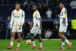 MADRID, SPAIN - JANUARY 22: Kylian Mbappe, Vinicius Junior and Jude Bellingham of Real Madrid look on as they warm up prior to the UEFA Champions League 2024/25 League Phase MD7 match between Real Madrid C.F. and FC Salzburg at Estadio Santiago Bernabeu on January 22, 2025 in Madrid, Spain. (Photo by Angel Martinez/Getty Images).