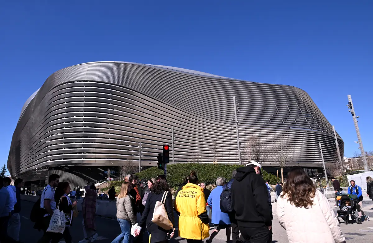MADRID, SPAIN - FEBRUARY 23: A general view outside the stadium as fans arrive prior to the LaLiga match between Real Madrid CF and Girona FC at Estadio Santiago Bernabeu on February 23, 2025 in Madrid, Spain. (Photo by Denis Doyle/Getty Images)