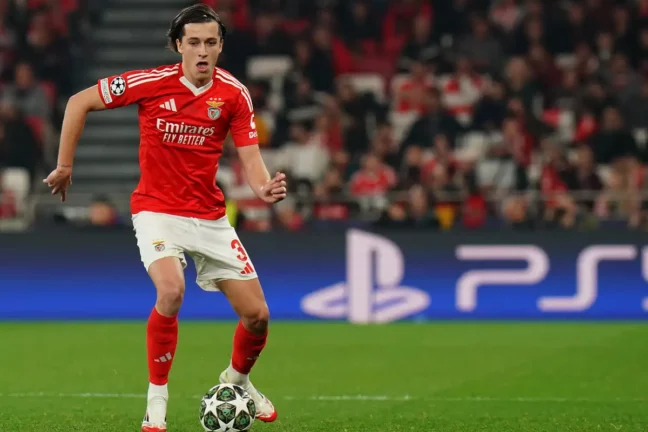 LISBON, PORTUGAL - FEBRUARY 18: Alvaro Carreras of SL Benfica in action during the UEFA Champions League 2024/25 League Knockout Play-off Second Leg match between SL Benfica and AS Monaco at Estadio da Luz on February 18, 2025 in Lisbon, Portugal. (Photo by Gualter Fatia/Getty Images).