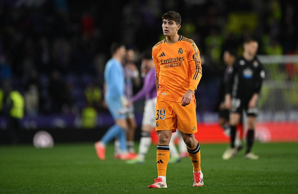 VALLADOLID, SPAIN - JANUARY 25: Lorenzo Aguado of Real Madrid looks on during the LaLiga match between Real Valladolid CF and Real Madrid CF at Jose Zorrilla on January 25, 2025 in Valladolid, Spain. (Photo by Denis Doyle/Getty Images)