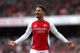 LONDON, ENGLAND - MARCH 16: William Saliba of Arsenal during the Premier League match between Arsenal FC and Chelsea FC at Emirates Stadium on March 16, 2025 in London, England. (Photo by Alex Pantling/Getty Images)