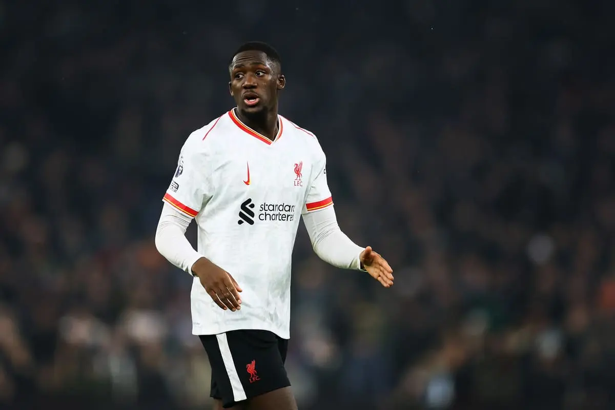 BIRMINGHAM, ENGLAND - FEBRUARY 19: Ibrahima Konate of Liverpool reacts during the Premier League match between Aston Villa FC and Liverpool FC at Villa Park on February 19, 2025 in Birmingham, England. (Photo by Dan Istitene/Getty Images).