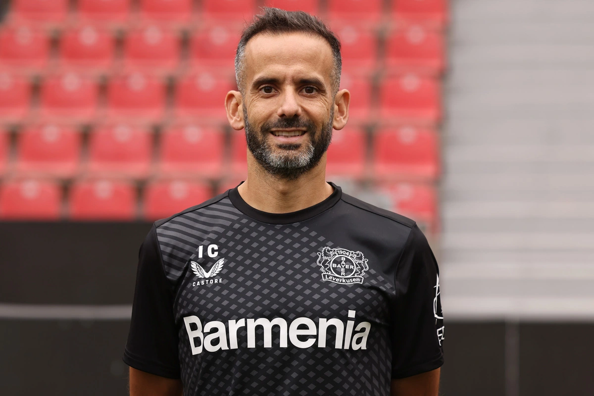 LEVERKUSEN, GERMANY - SEPTEMBER 25: Ismael Camenforte-Lopez, athletic coach of Bayer 04 Leverkusen poses during the team presentation at BayArena on September 25, 2024 in Leverkusen, Germany. Now, he's at Real Madrid. (Photo by Christof Koepsel/Getty Images)