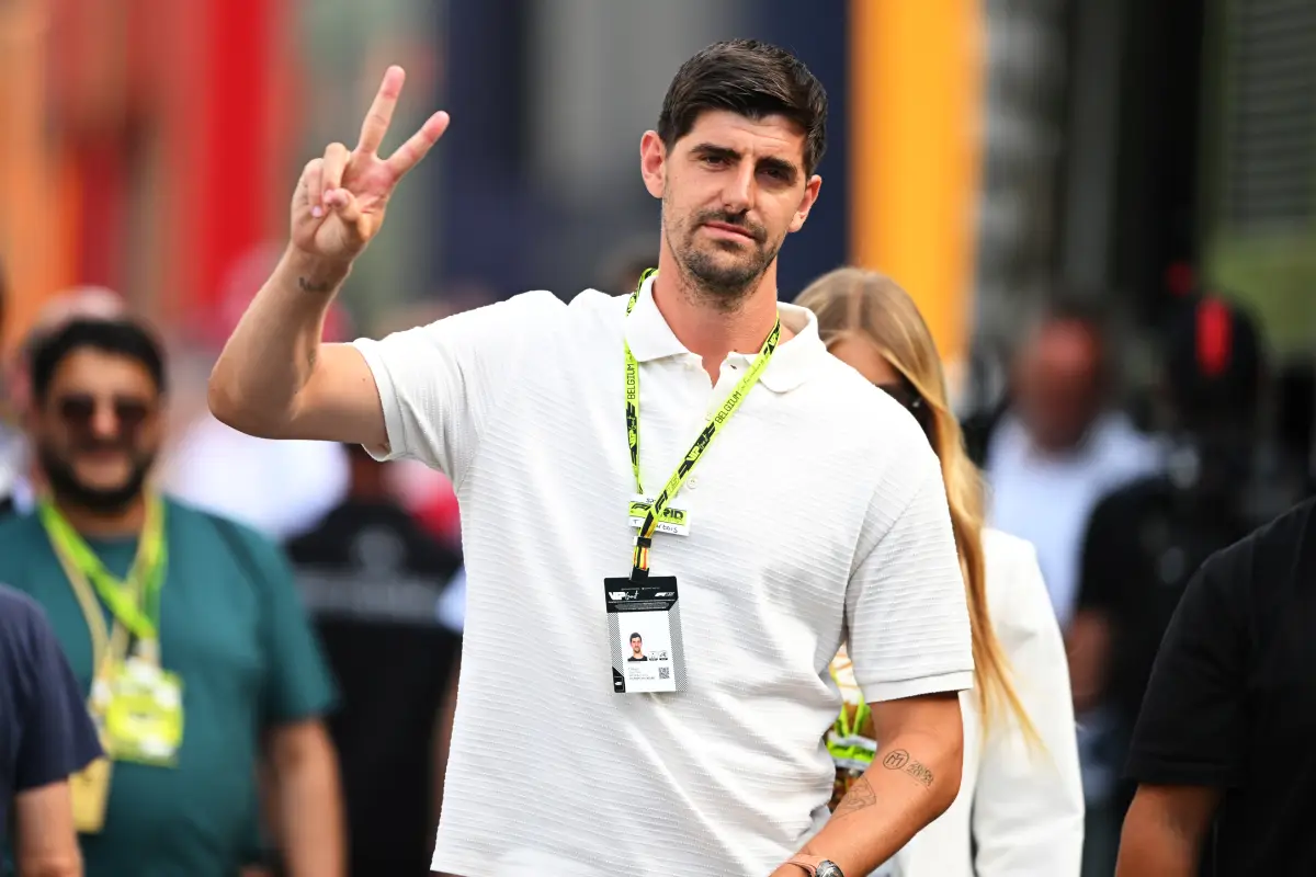 SPA, BELGIUM - JULY 26: Thibaut Courtois in the Paddock during qualifying ahead of the F1 Grand Prix of Belgium at Circuit de Spa-Francorchamps on July 26, 2025 in Spa, Belgium. (Photo by Rudy Carezzevoli/Getty Images)