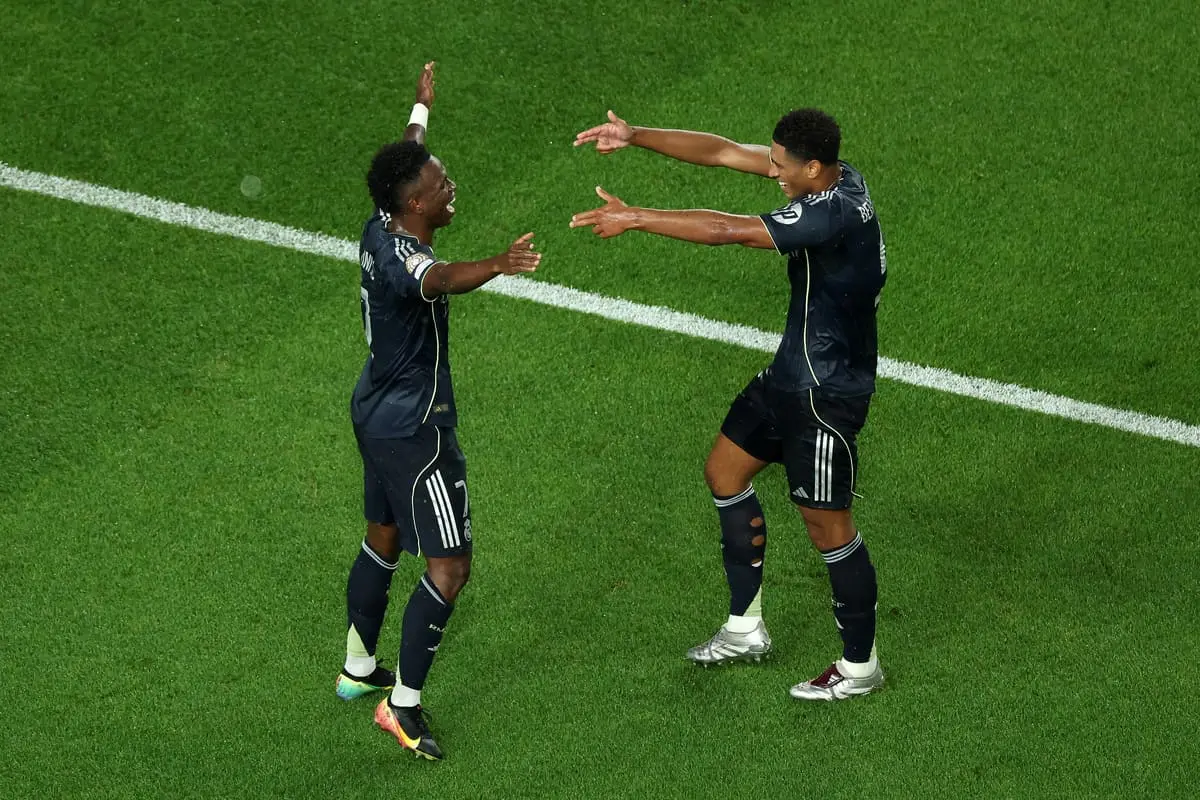 PHILADELPHIA, PENNSYLVANIA - JUNE 26: Vinicius Junior #7 of Real Madrid C.F. celebrates scoring his team's first goal with Jude Bellingham #5 of Real Madrid C.F. during the FIFA Club World Cup 2025 group H match between FC Red Bull Salzburg and Real Madrid CF at Lincoln Financial Field on June 26, 2025 in Philadelphia, Pennsylvania. (Photo by Luke Hales/Getty Images)